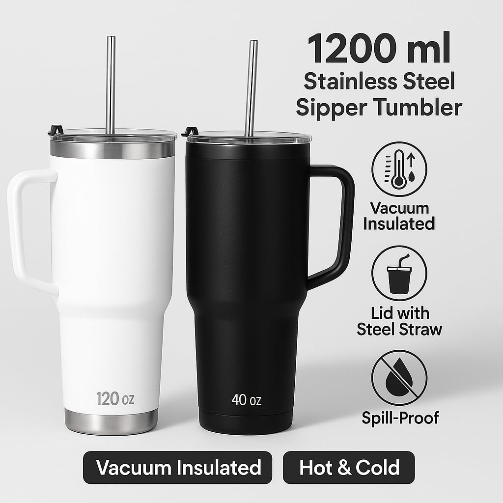 1200ML Premium Stainless Steel Tumbler with Straw & Lid | Double Wall Vacuum Insulated Sipper Bottle for Hot & Cold Drinks Colour-Random