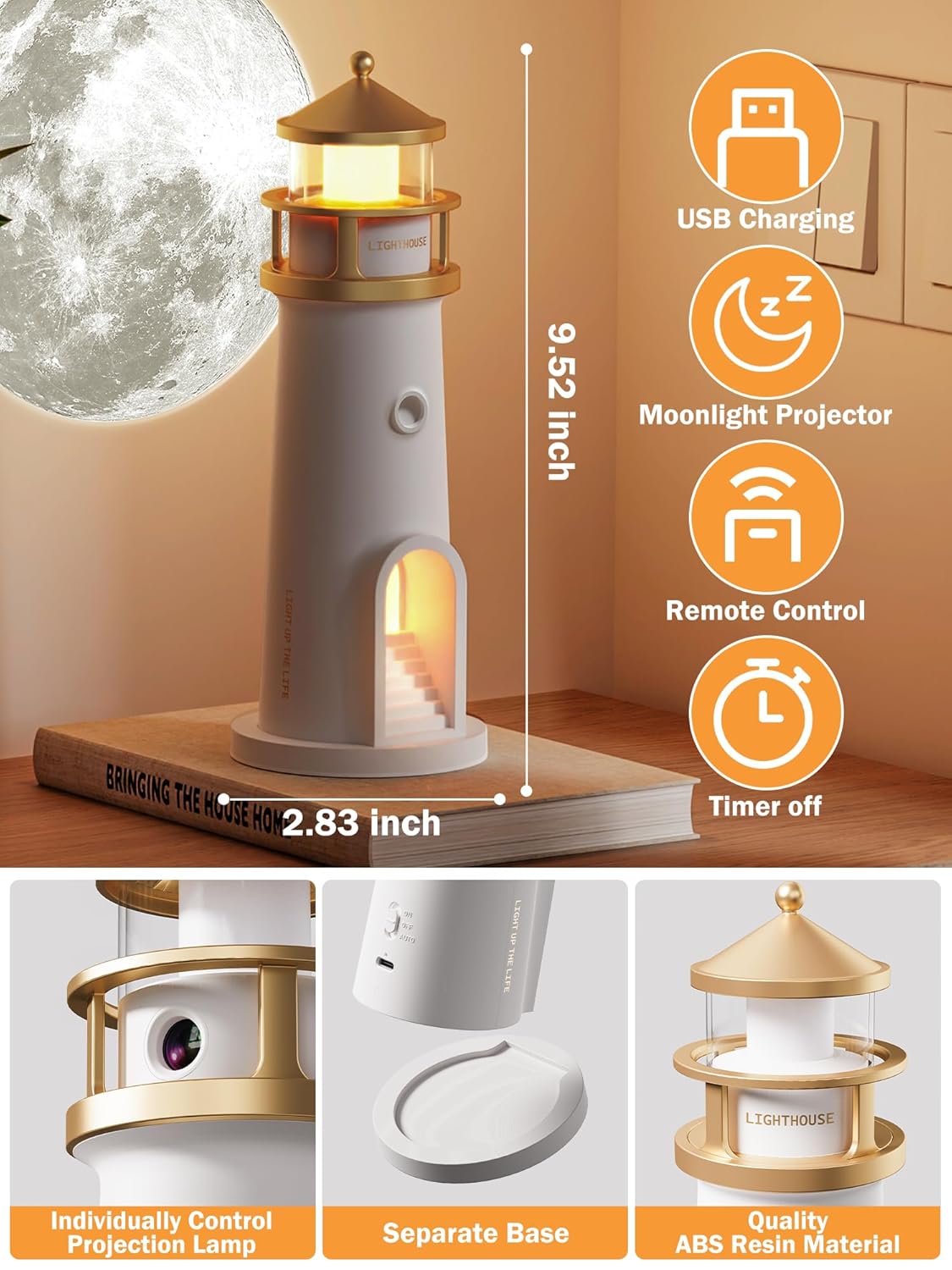 Moon Lamp Projector Night Light โ Lighthouse Decor with Galaxy Projection for Kids & Bedrooms