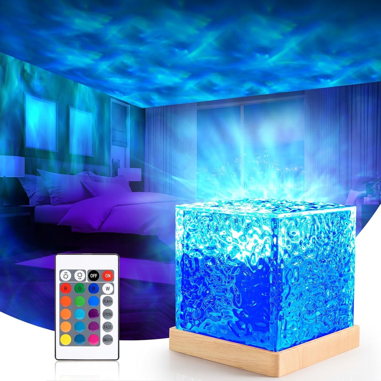 3D Ocean Wave LED Night Light Projector โ 16 Colors with Remote for Bedroom &Lamp