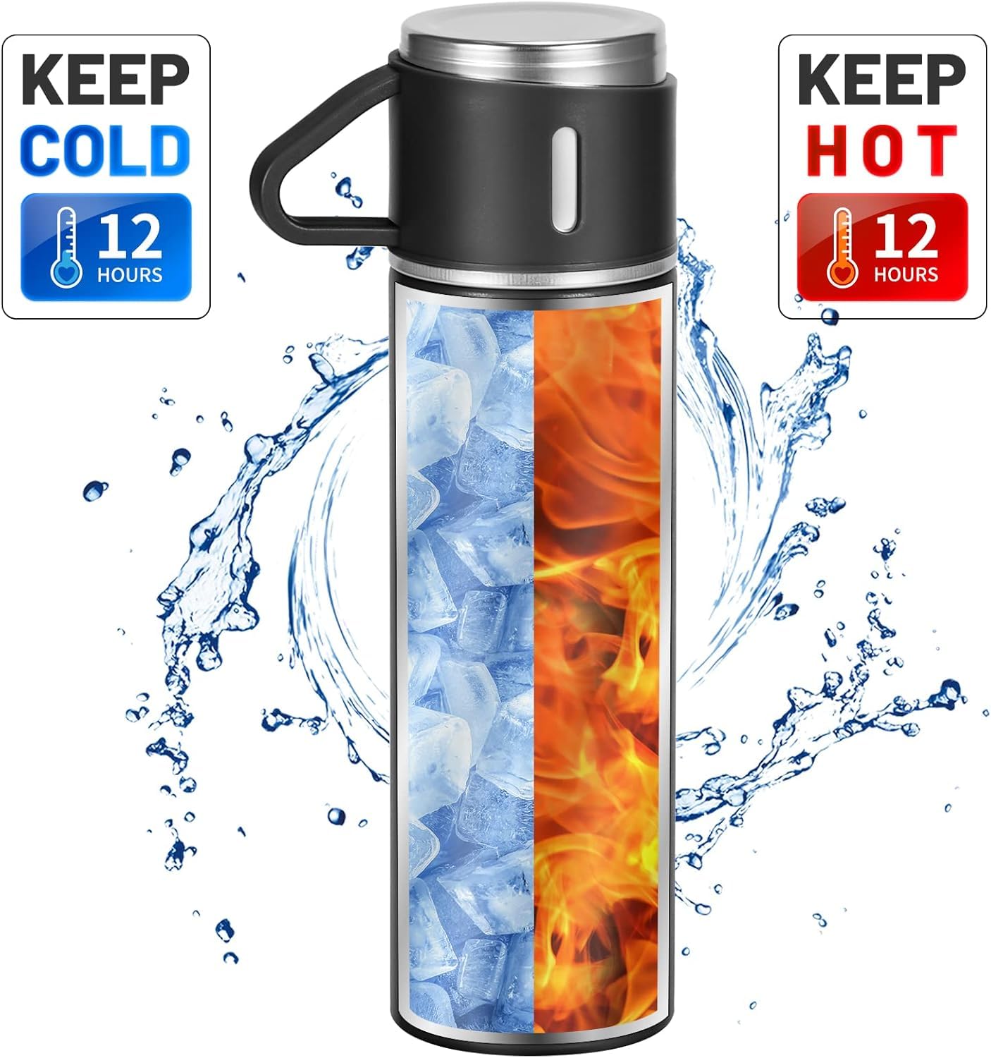 Double Wall Stainless Steel Thermo 500ml Vacuum Insulated Bottle Water Flask Gift Set with Two Cups