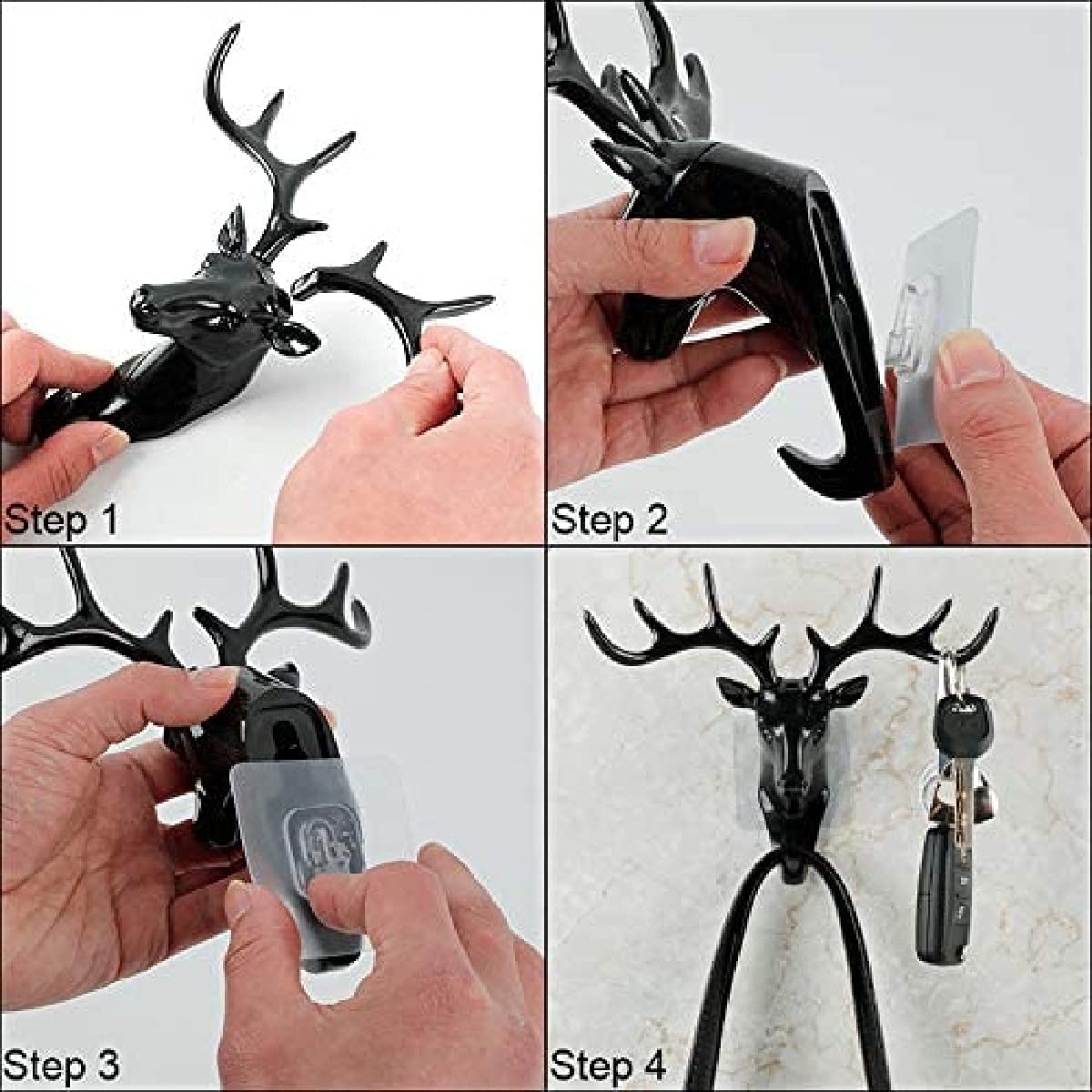 Wall Mount Deer Head Hook β Self Adhesive Wall Hanger for Keys, Bags & Clothes β Black, Plastic, Vintage Style