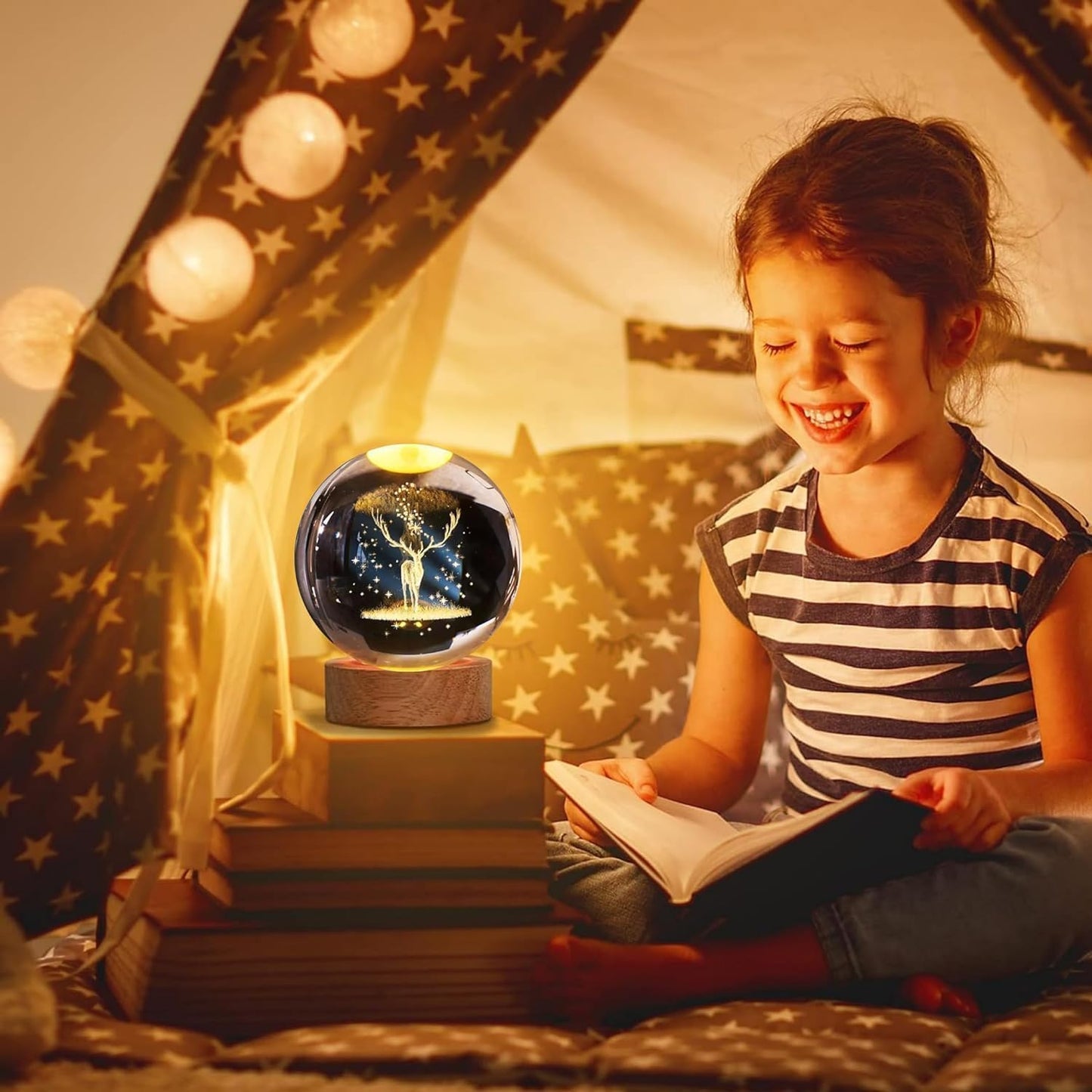 3D Crystal Ball Night Light with Wooden Base – LED Luminous Glass Lamp for Bedroom, Gifts &amp; Decor 🌌✨