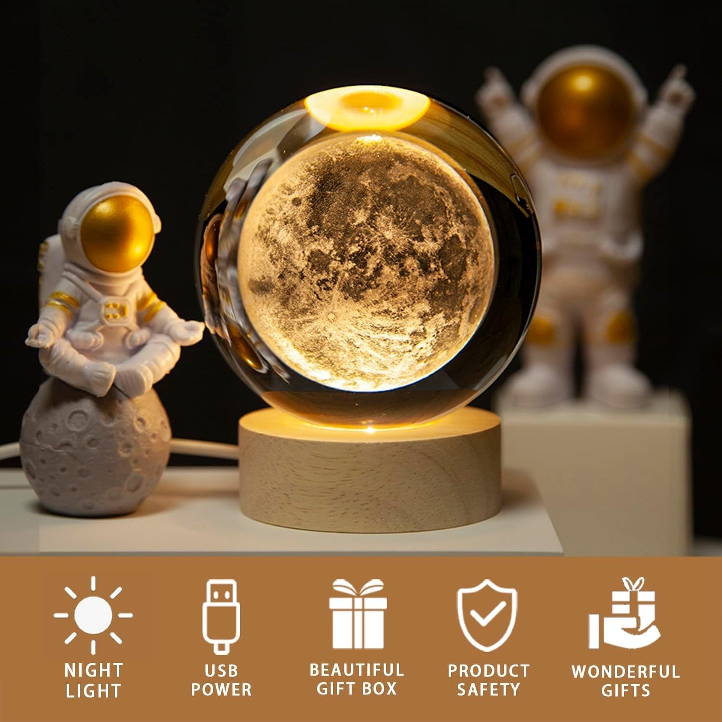 3D Crystal Ball Night Light with Wooden Base – LED Luminous Glass Lamp for Bedroom, Gifts &amp; Decor 🌌✨