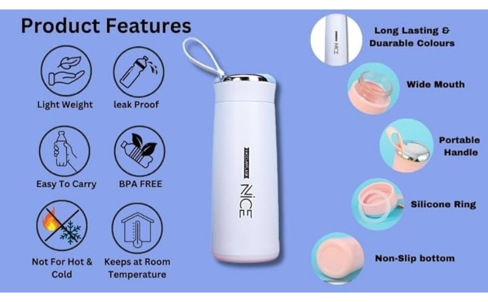 Nice Water Bottle – 400ML Leak-Proof Glass Bottle with Protective BPA-Free Shell | Reusable, Eco-Friendly & Lightweight | Perfect for School, Gym, Office & Travel